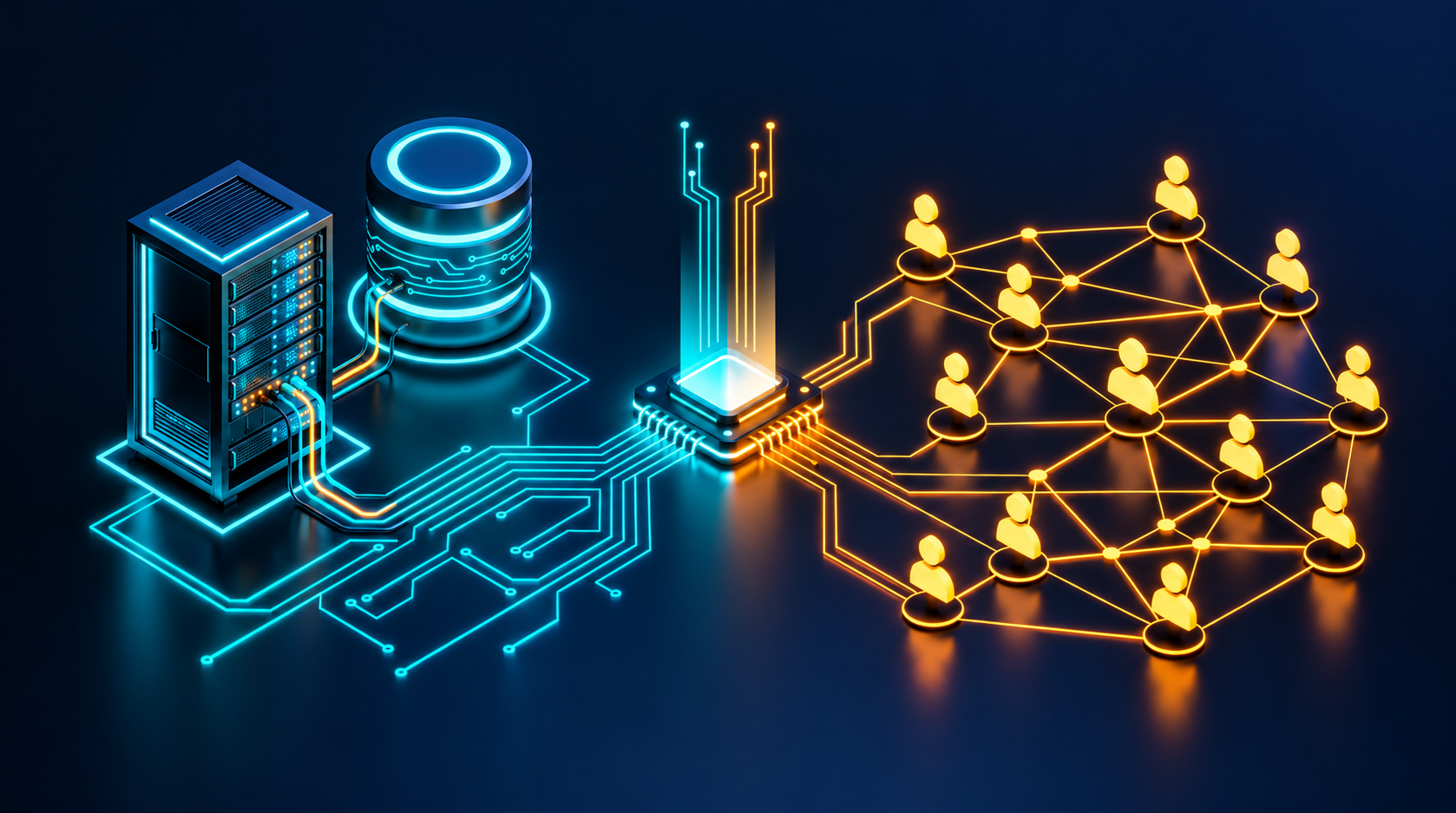 Ilustración: servidores conectados a un chip central que distribuye conexiones a una red de profesionales IT.